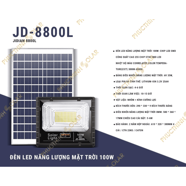 Đèn pha năng lượng mặt trời 100W JinDian JD-8800L